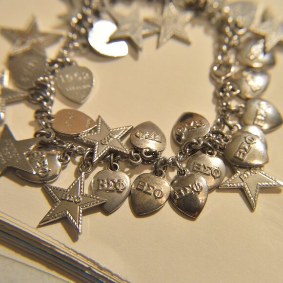BΣΦ Beta Sigma Phi Sterling Silver Charm Bracelet Hearts & Stars 1945 - 1965 VTG - Picture 2 of 3